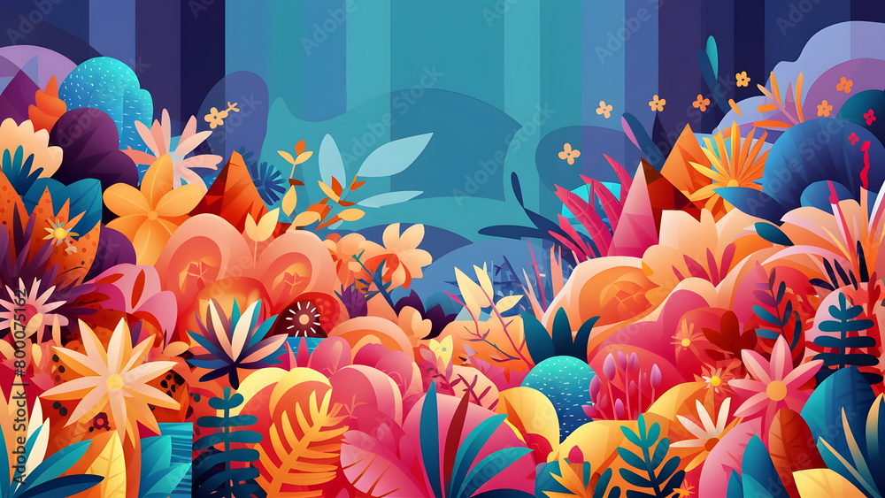 whimsical jungle with exotic flowers, and plants.