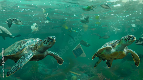 beautiful beach and blue sea polluted by waste plastic  dolphins and turtles in a polluted ocean conditions