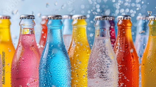Vibrant close-up of assorted sparkling and still water bottles  featuring both plain and flavored varieties  set against a pristine isolated background with studio lighting.