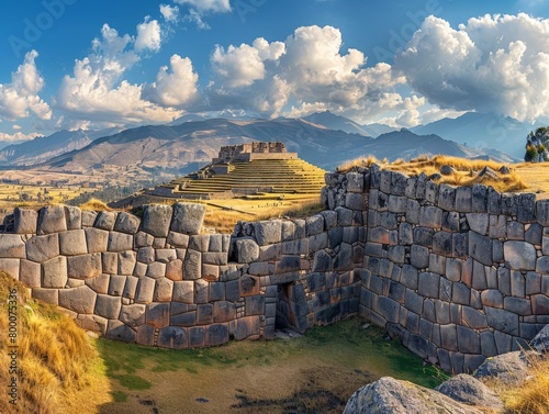 Panoramic view of the Saqsaywaman ruins, ancient Peruvian fortification photo