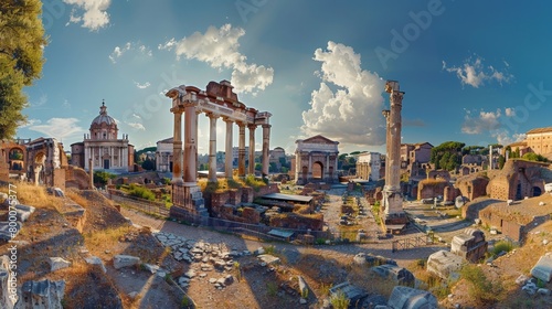 Panoramic view of the Roman Forum's ancient ruins, iconic Roman site photo