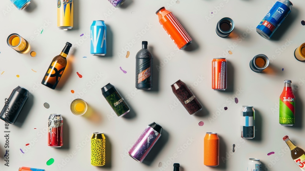 Top view of energy drink collection, a mix of cans and bottles enriched with caffeine and stimulants, isolated on a neutral backdrop Top view of energy drink collection, a mix of cans and bottles enriched with caffeine and stimulants, isolated on a neutral backdrop