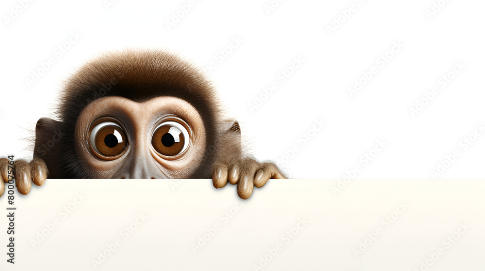 a baby monkey with big eyes and hide back of white wooden table and looking so funny with white background