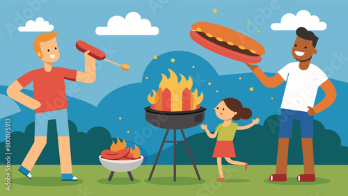 The smell of grilled hot dogs and burgers wafting through the air as neighbors take turns manning the barbecue.. Vector illustration