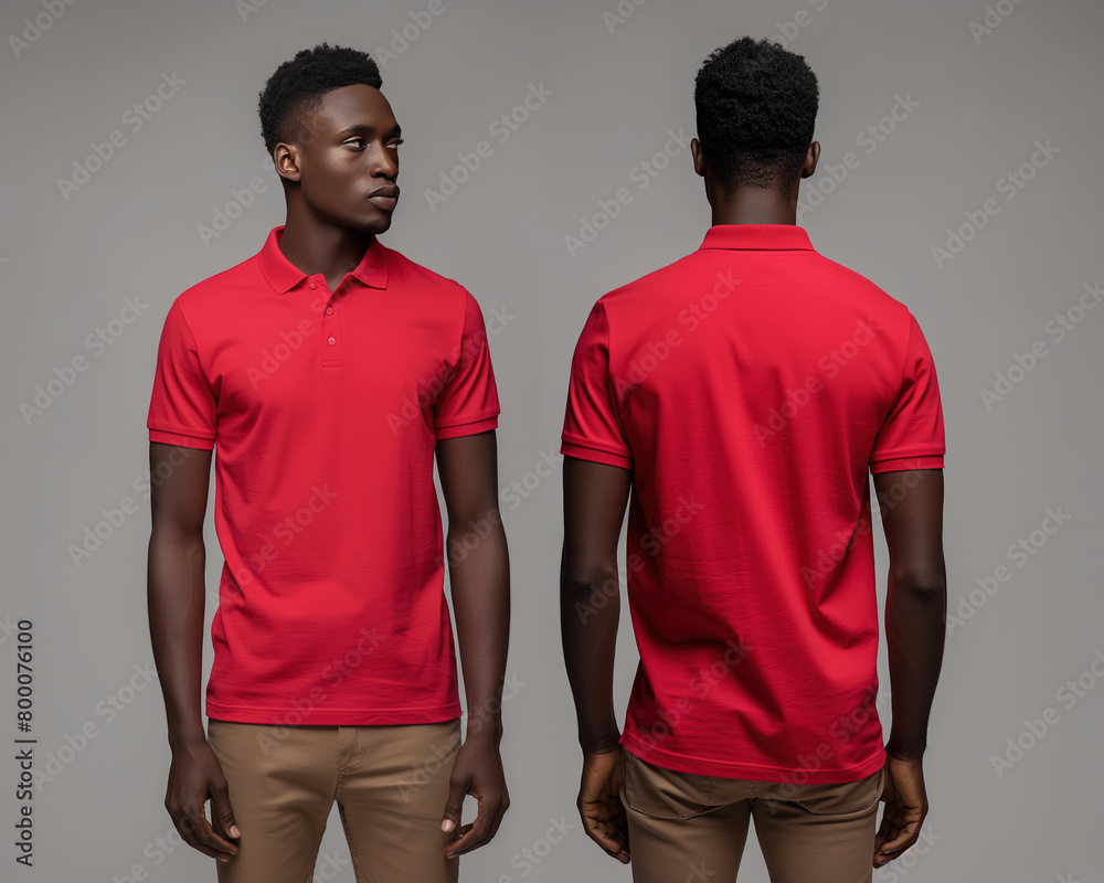 Front and back views of a man wearing a red polo shirt mockup template Front and back views of a man wearing a red polo shirt mockup template