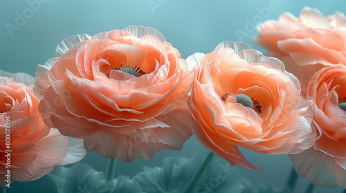 A close-up of delicate Persian buttercup flowers, their layers of ruffled petals resembling tissue paper photo
