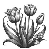 bouquet of tulips in engraving style, perfect for botanical themes sketch engraving generative ai fictional character raster illustration. Scratch board imitation. Black and white image.