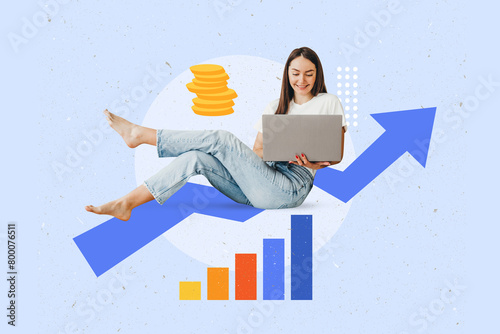 Creative collage of a girl sitting on an arrow with a laptop working on sales growth and financial progress