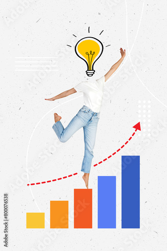 girl with a light bulb on her head jumps on a sales chart collage creative concept