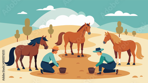 Amidst the sounds of hooves on dirt the riders discussed their favorite techniques for training wild horses.. Vector illustration