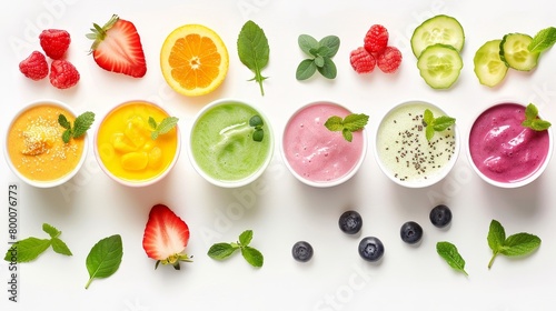 Top shot of a variety of smoothies  illustrating a spectrum of fresh produce and dairy products  clean white isolation