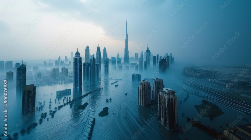 Panoramic view of a city skyline veiled in morning fog with skyscrapers Dubai Rain Flooding