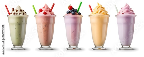  Milkshake Smoothie in cup on White background cutout. Many assorted different flavour Mockup template for artwork design 