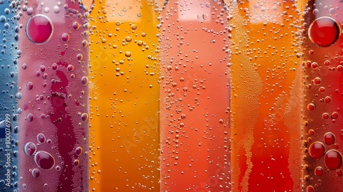 Top angle shot of a colorful lineup of sweetened carbonated beverages, detailed texture of bubbles and condensation, on an isolated background