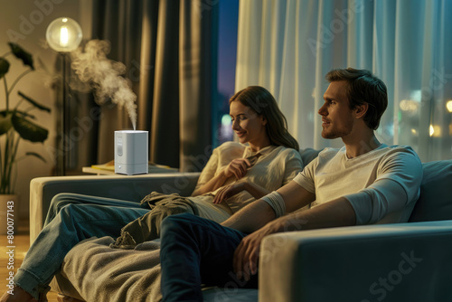 humidifier or diffuser. A modern white air humidifier or diffuser for home stands on the table. man and woman using humidifier at home