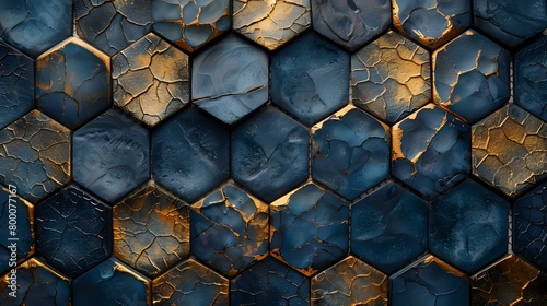 Rustic Opulence: Dark Blue Hexagonal Tiles with Gold Veins