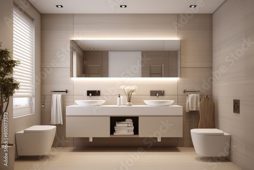 Modern bathroom with beige walls and wooden floor
