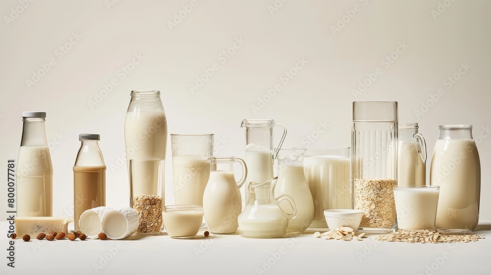 Studio shot of a variety of dairy and non-dairy milk options like oat milk and almond milk, highlighted with sharp studio lighting, on a clean background Studio shot of a variety of dairy and non-dairy milk options like oat milk and almond milk, highlighted with sharp studio lighting, on a clean background