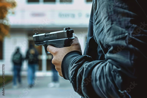 Close up of man with a pistol gun standing in front of a high school building in blurry background photo