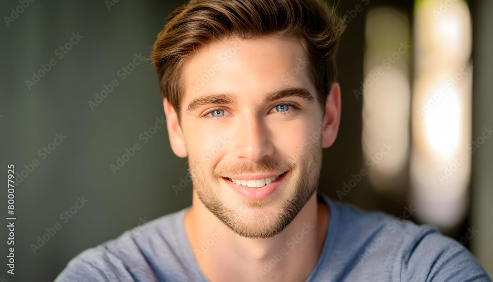 The handsome young man with colorful eyes, smiling towards the camera in close-up

