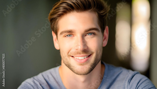 The handsome young man with colorful eyes, smiling towards the camera in close-up