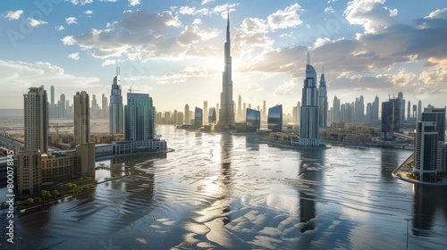 Majestic cityscape at sunrise with reflective waterfront Dubai Rain Flooding