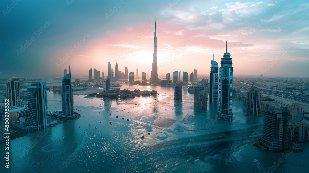 Obraz premium Majestic sunset over modern cityscape Dubai Rain Flooding