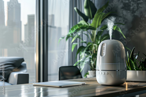 humidifier or diffuser. a modern white air humidifier or diffuser for the home stands on a table against the background of a modern interior