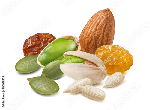 Peeled sunflower and pumpkin seeds, raisins, almonds and pistachio nuts isolated on white background © kovaleva_ka