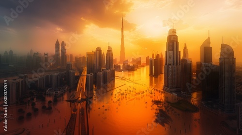 Sunset panorama of a modern city skyline Dubai Rain Flooding