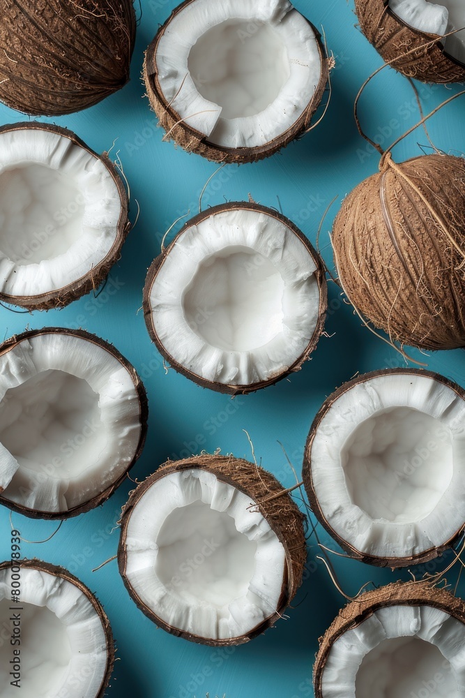 A group of coconuts placed neatly on top of a vibrant blue surface A group of coconuts placed neatly on top of a vibrant blue surface