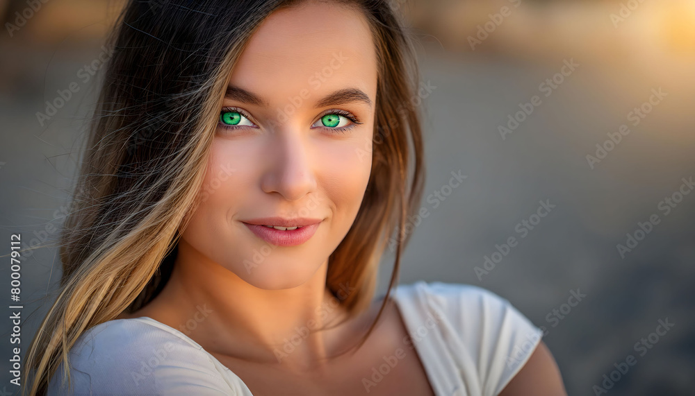 The attractive young woman with colorful eyes, smiling towards the camera in close-up The attractive young woman with colorful eyes, smiling towards the camera in close-up