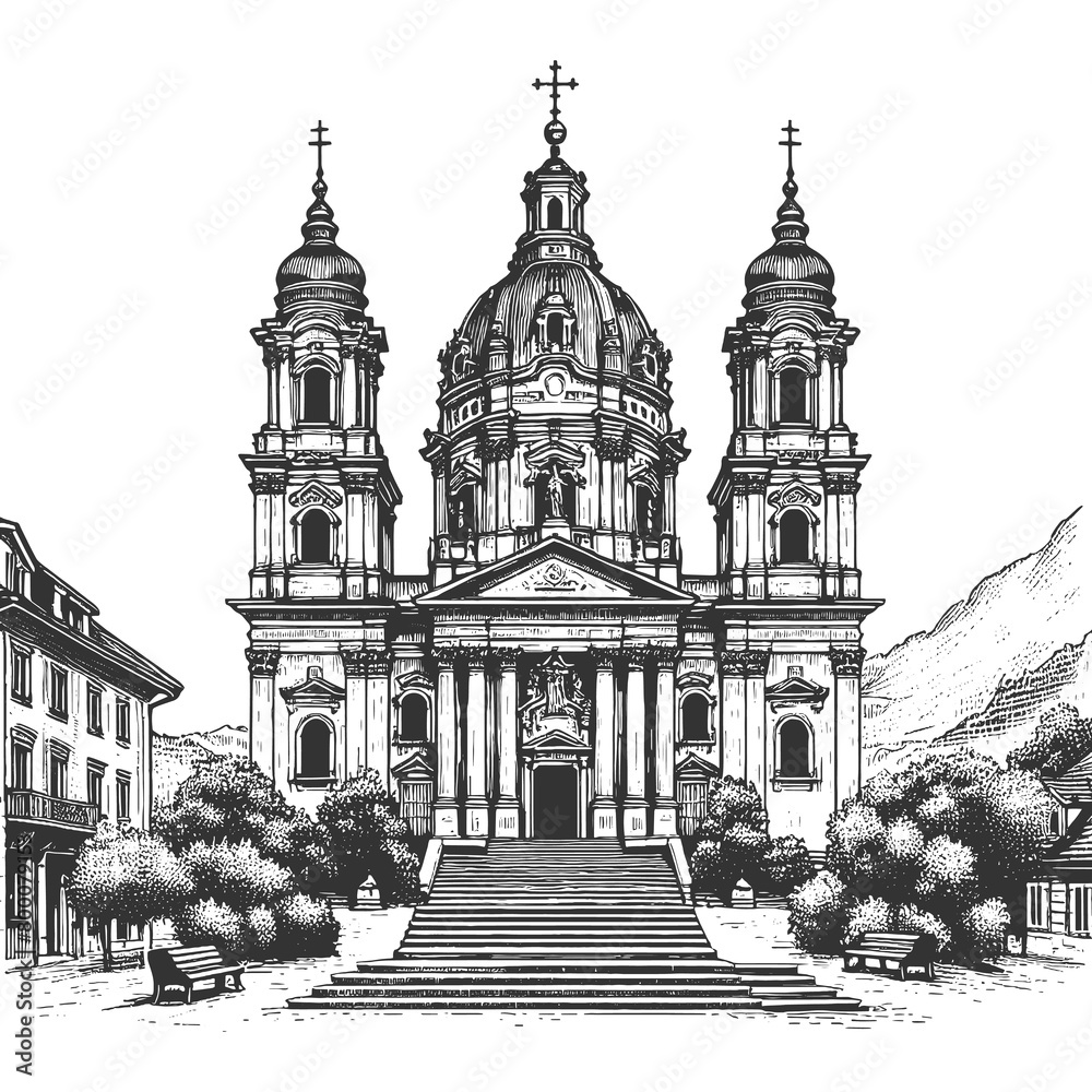 grand Baroque church facade with majestic stairs and urban surroundings sketch engraving generative ai raster illustration. Scratch board imitation. Black and white image.