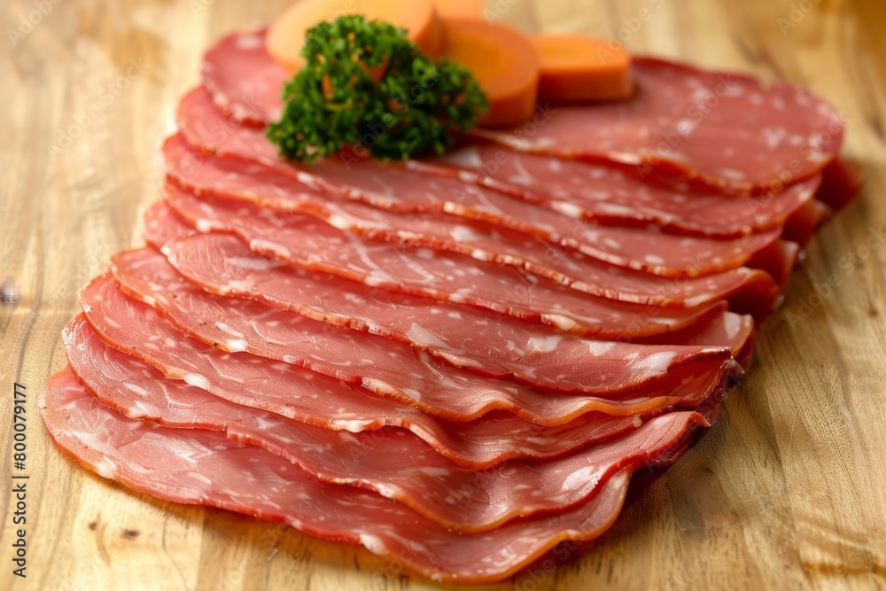 Display of artisan cured ham slices paired with nutrient rich fresh carrot juice Display of artisan cured ham slices paired with nutrient rich fresh carrot juice