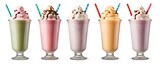  Milkshake Smoothie in cup on White background cutout. Many assorted different flavour Mockup template for artwork design 