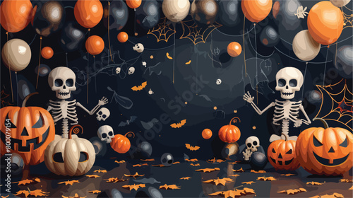 Funny Halloween balloons pumpkin and skeletons on dar photo