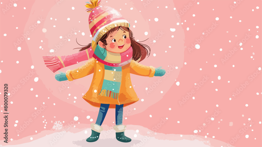 Funny little girl in winter clothes on pink background