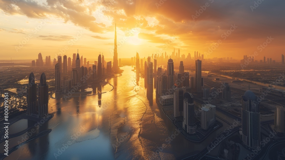 Majestic sunset skyline over modern city Dubai Rain Flooding Majestic sunset skyline over modern city Dubai Rain Flooding