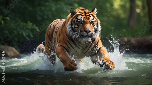 Amur Tiger Juggling in the Siberian Waters. Russian Wild Animal  Caution. Something in the Green Forest Stream. An 8K photo of a Siberian tiger splashing water