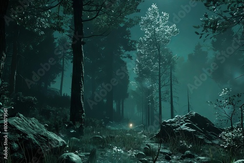 A dark and mysterious forest with a glowing light in the distance.