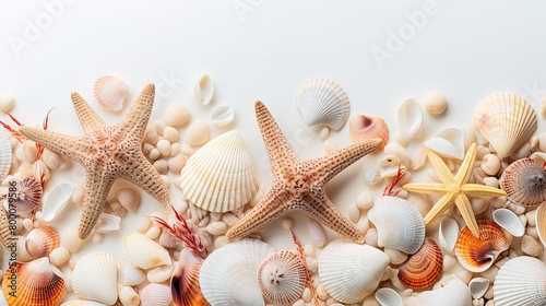 Beautiful coastal holiday vacation banner with seashells, pebbles and starfish on white background