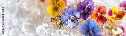 A close-up photograph of colorful pansies on ice.