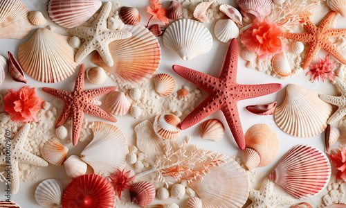 Beautiful coastal vacation background with seashells, pebbles and starfishes on white