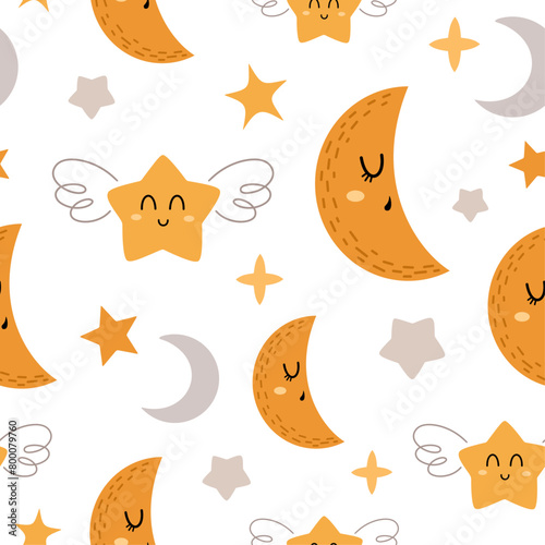 Moon and stars seamless pattern in cartoon flat style. Celestial digital paper. Hand drawn vector pattern	