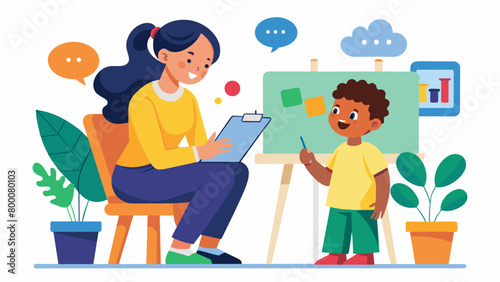 A speech the and client engage in artbased activities such as painting and drawing to encourage creativity and selfexpression while also practicing. Vector illustration