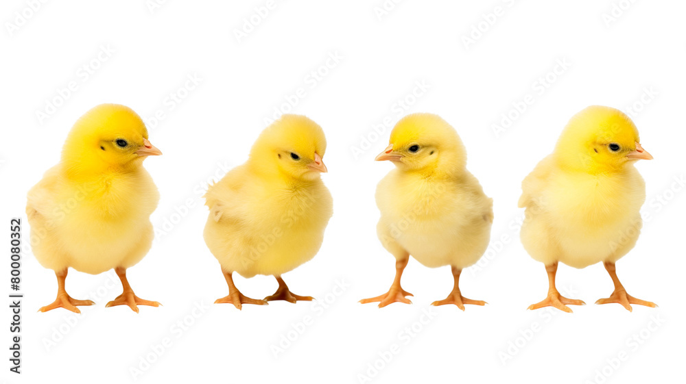 Four yellow chickens isolated on transparent background.

