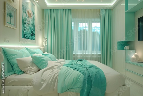 Beautiful mint green turquoise modern cozy bedroom view from the entrance