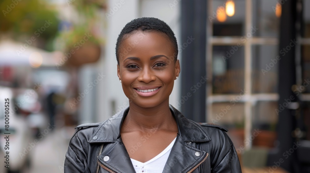 A black woman in a leather jacket standing confidently in front of a building A black woman in a leather jacket standing confidently in front of a building