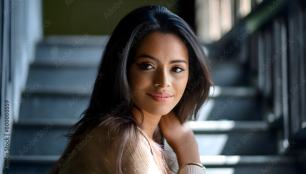 The attractive young woman smiling towards the camera in close-up
