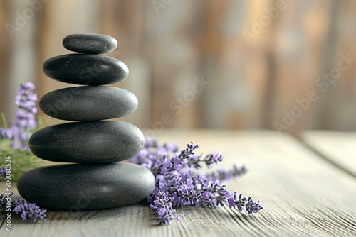 Spa still life with stack of black stones and lavender flowers on wooden table with copy space